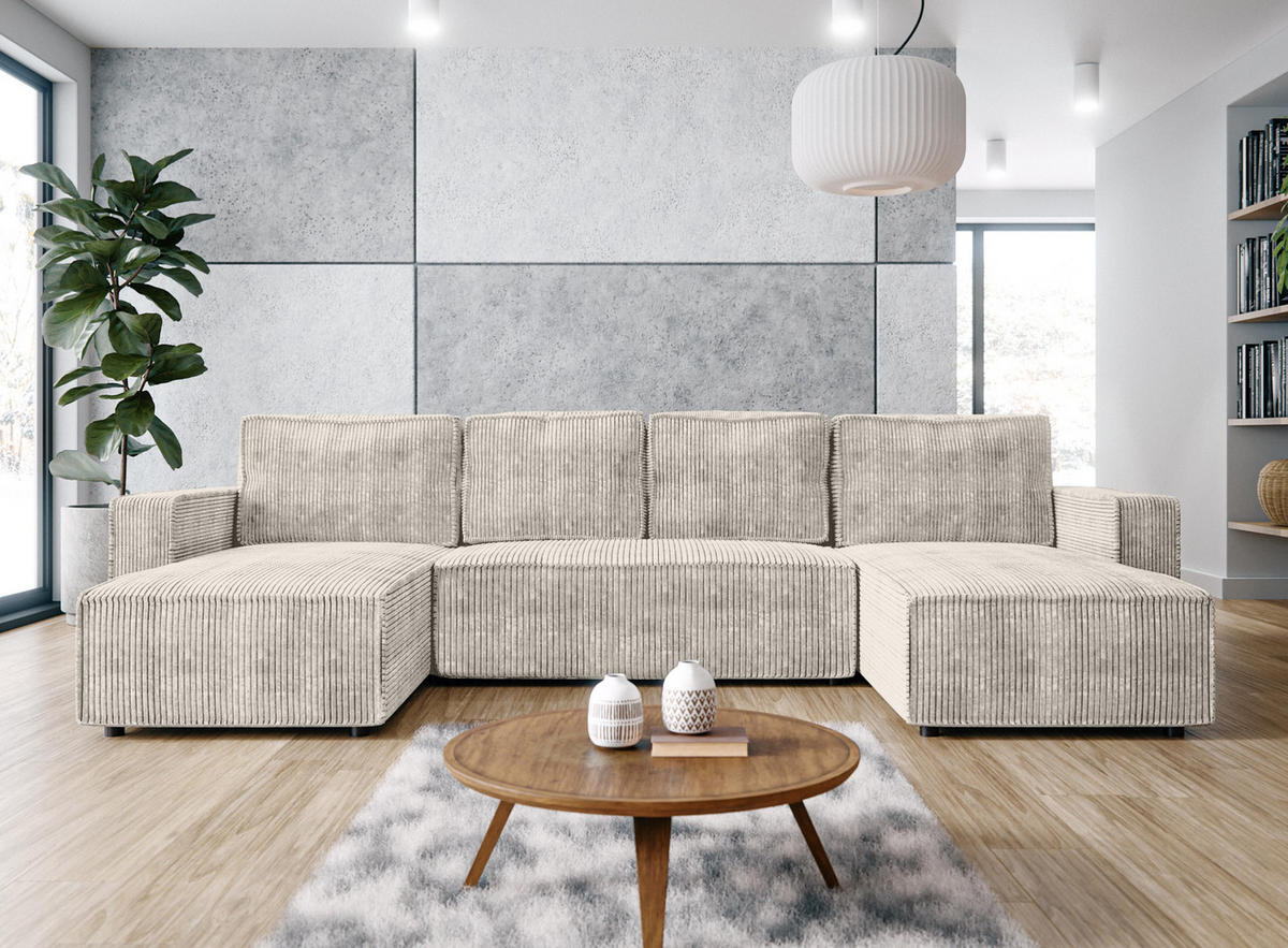 WOHNLANDSCHAFT Aydin U Form Creme 338/169/85 cm Cord mit Schlaffunktion - Creme/Schwarz, Kunststoff/Textil (338/85/169cm) - AX Living