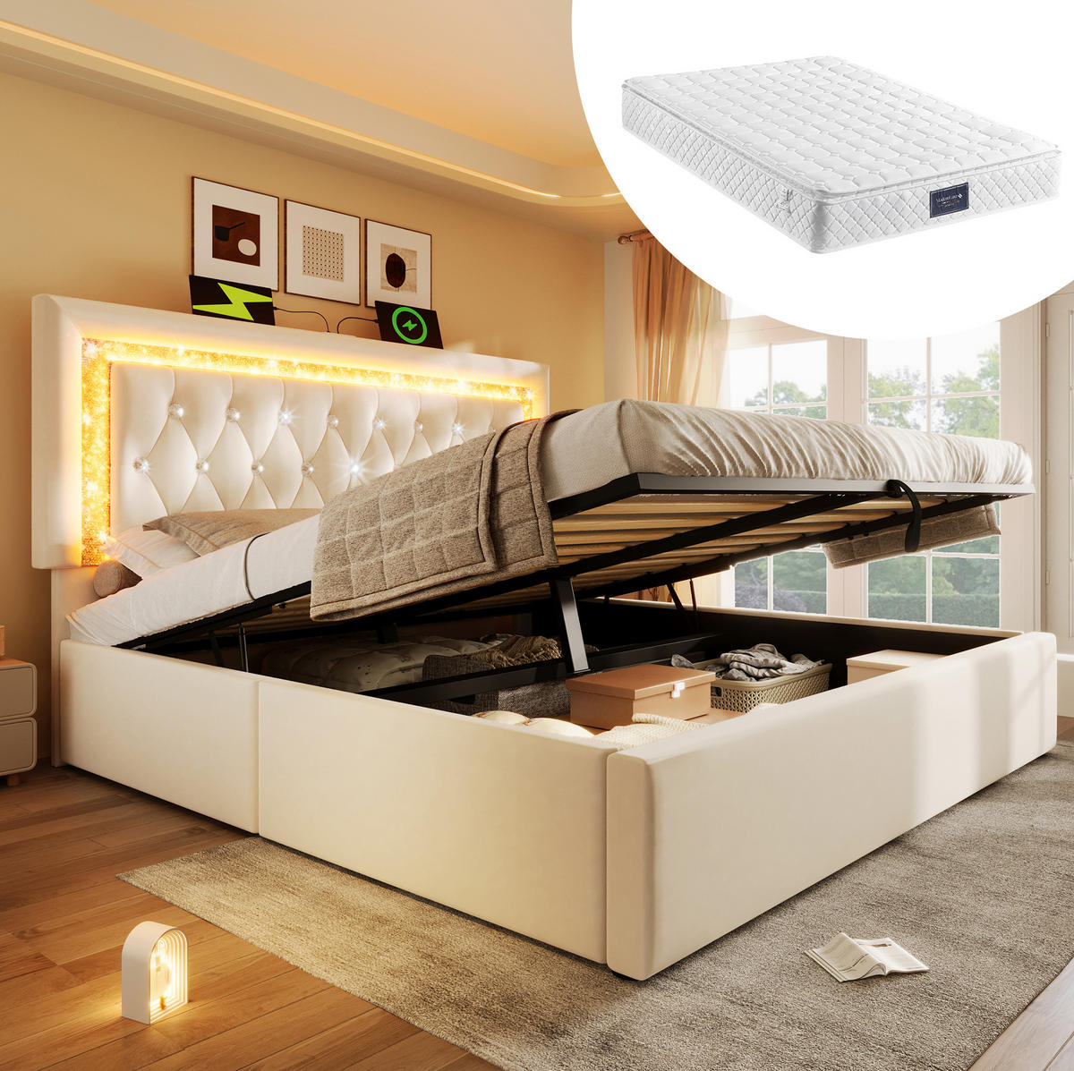 BETT mit LED, Stauraum & USB 160x200 cm Samt Beige inkl. Matratze - Beige, Metall (160/200cm) - Meubliv