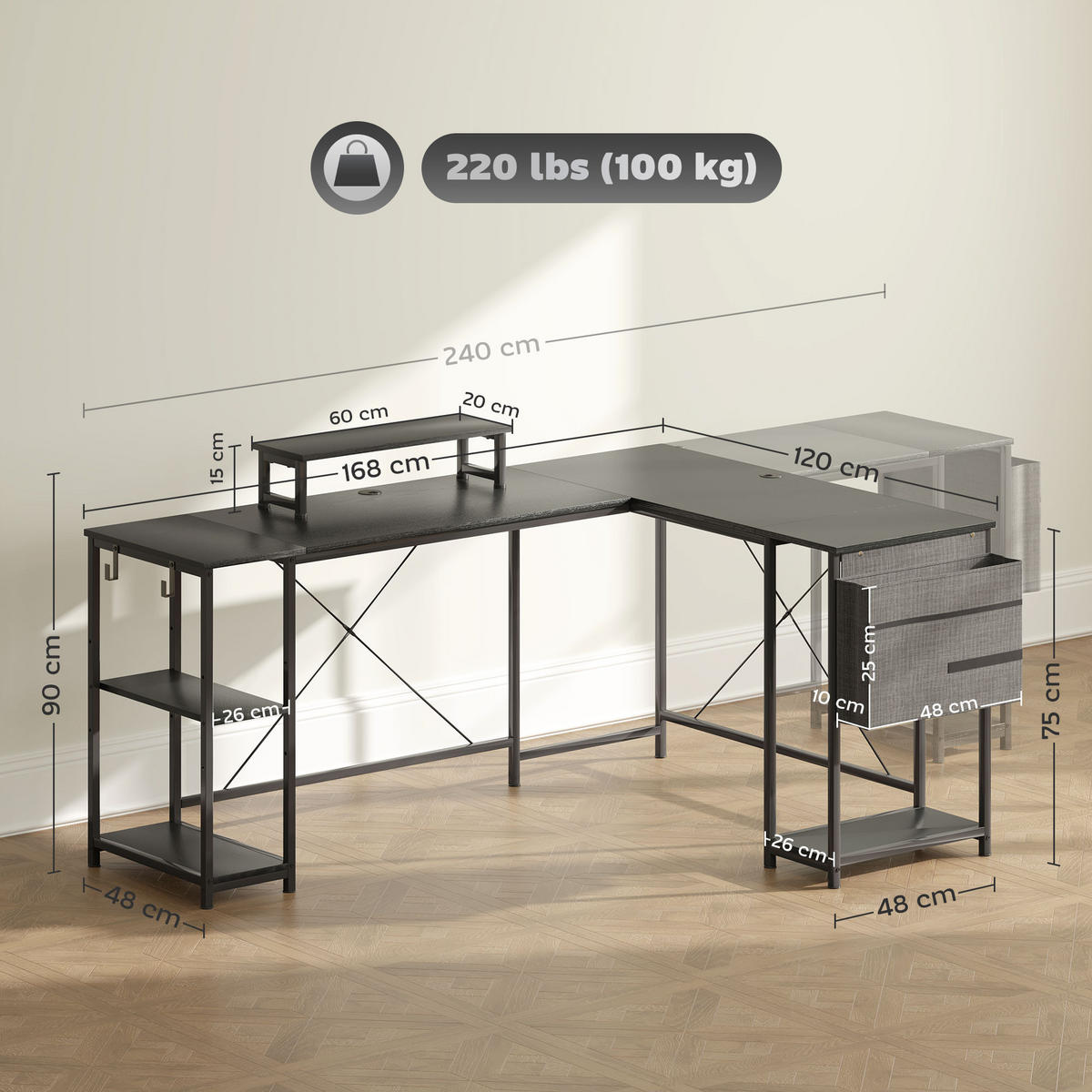 ECKSCHREIBTISCH im Industriedesign flexibel aufbaubar mit Ablagen und Monitoraufsatz 168/120/90 cm - Schwarz, Holzwerkstoff (120/168/90cm) - PANGIVO
