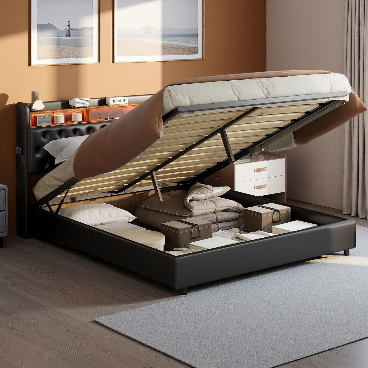 POLSTERBETT 180/200 cm Schwarz mit Bettkasten und USB-Anschlüssen - Schwarz, Holz (180/200cm) - SHOPENTRA
