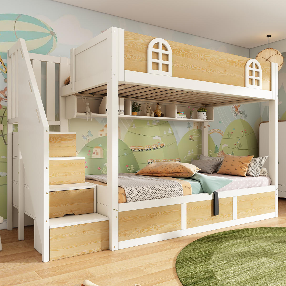 ETAGENBETT 90/200 cm Weiß/Natur mit Treppenschrank und Stauraum - Naturfarben, Holzwerkstoff (90/200cm) - Flora Grace