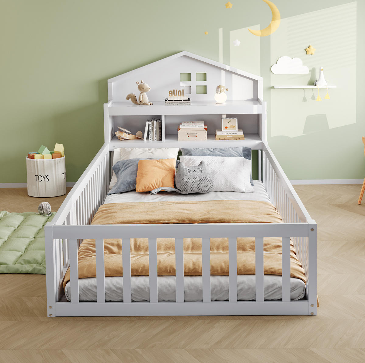 KINDERBETT in Hausform 90x200 cm mit Stauraum und Schutzgitter Weiß - Weiß, Holzwerkstoff (90/200cm) - Beauniv