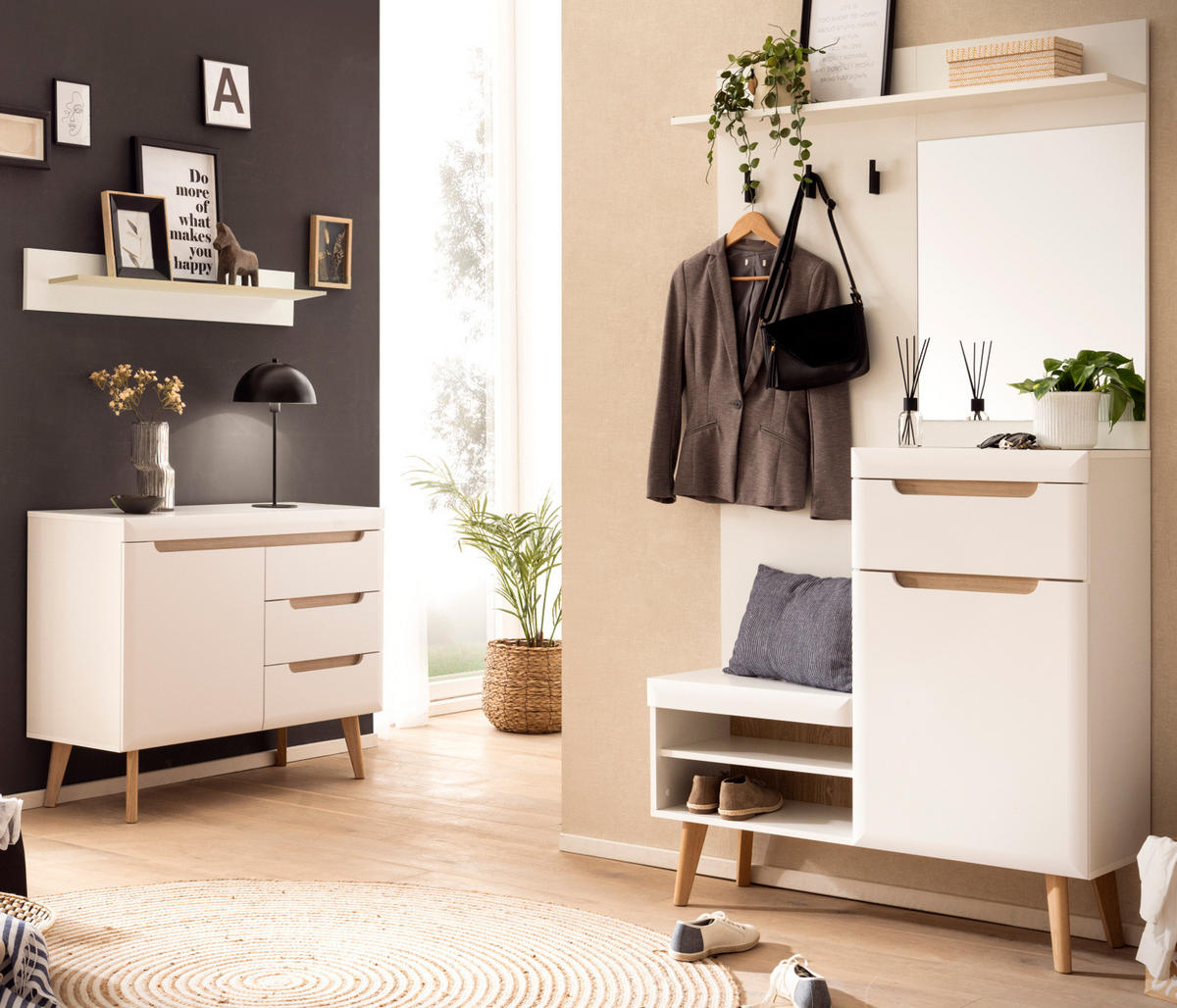 GARDEROBEN-SET 3-teilig weiß matt, Eiche, Kompaktgarderobe skandinavisch 227x197 cm - Eichefarben/Weiß, Glas/Holz (237/200/40cm) - Furn.Design