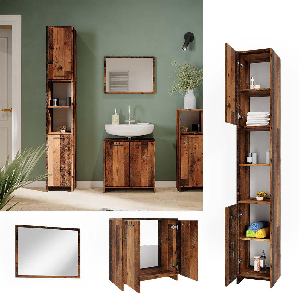 BADMÖBEL-SET Kiko Eiche rustikal 3 Teile, mit Hochschrank - Wildeiche, Holzwerkstoff (58/60/33cm) - Vicco