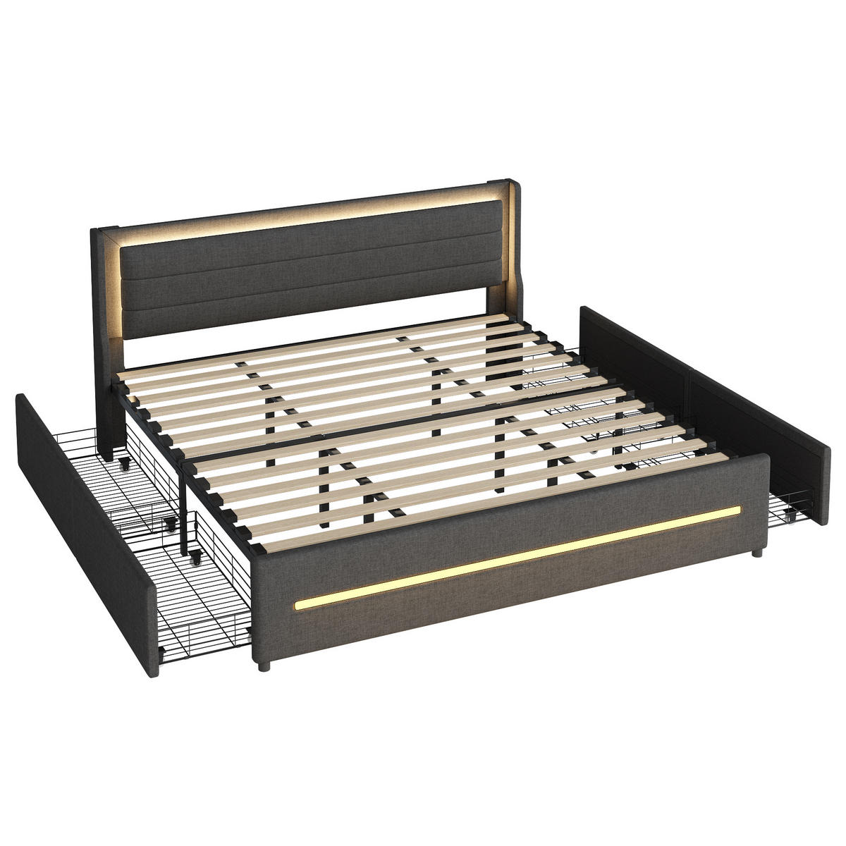 POLSTERBETT 180/200 cm grau mit farbwechselnder LED-Beleuchtung und vier Ablagefächern - Grau, Textil (180/200cm) - OKWISH