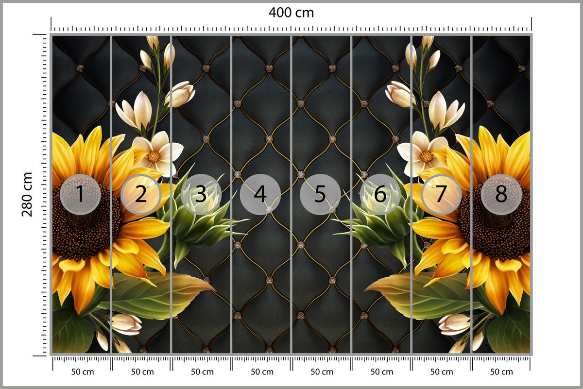 FOTOTAPETE für Küche Blume Sonnenblumen auf gestepptem Hintergrund 400x280 - Gelb/Schwarz, Papier (400/280cm) - Muralo