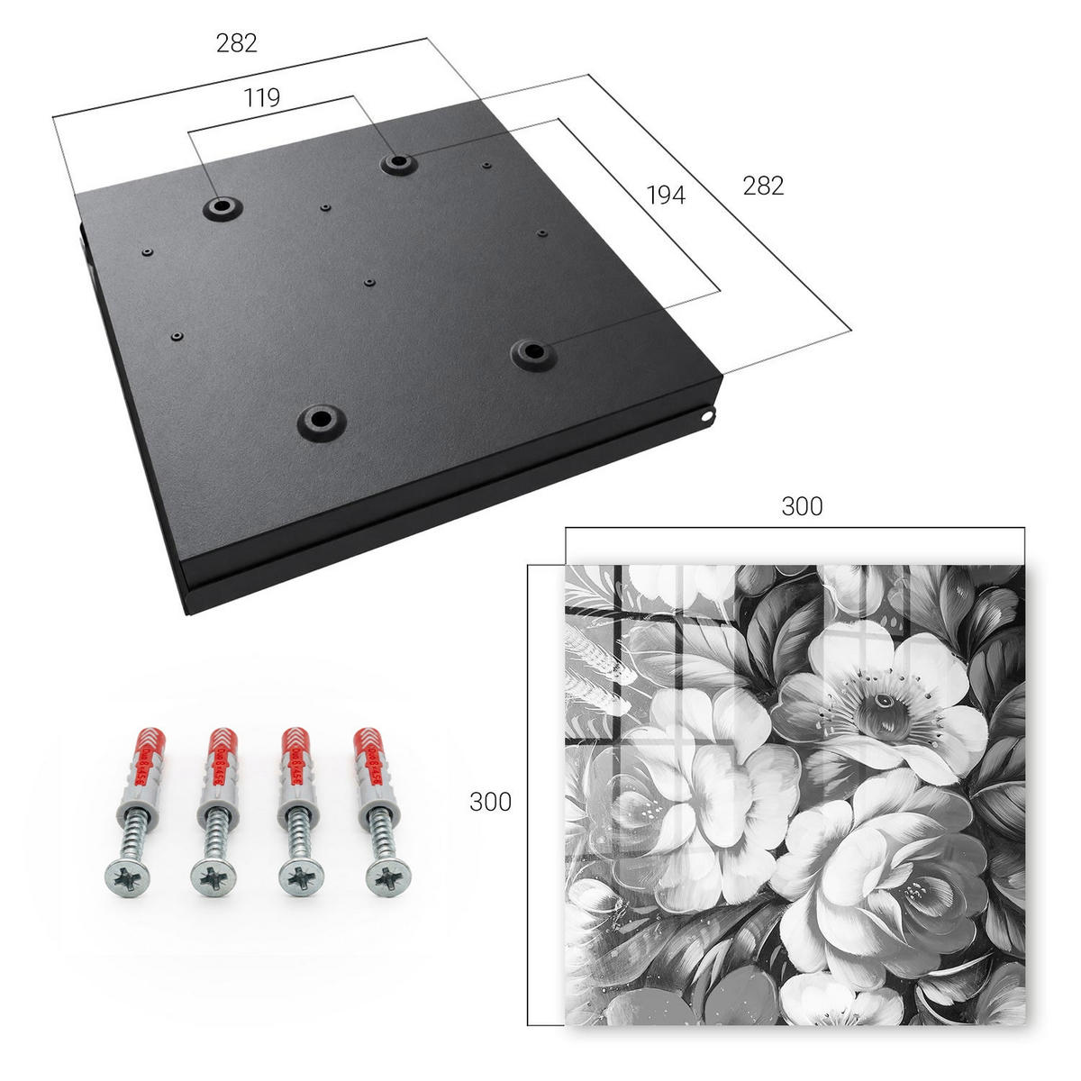 SCHLÜSSELBOX Schwarz 30x30 cm- Türöffnung nach rechts - Monochromatische Blumen - Grau, Metall (30/30/5cm) - TULUP