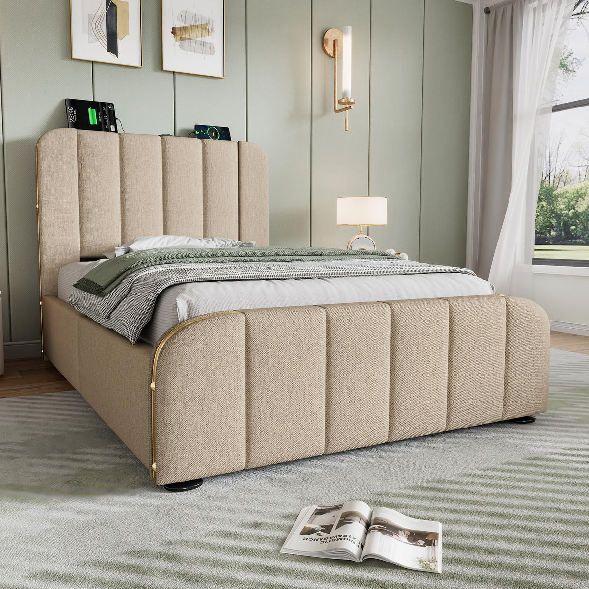 POLSTERBETT 90/200 cm Beige mit 4 Schubladen und USB-Typ-C-Anschluss - Beige, Textil (90/200cm) - OKWISH