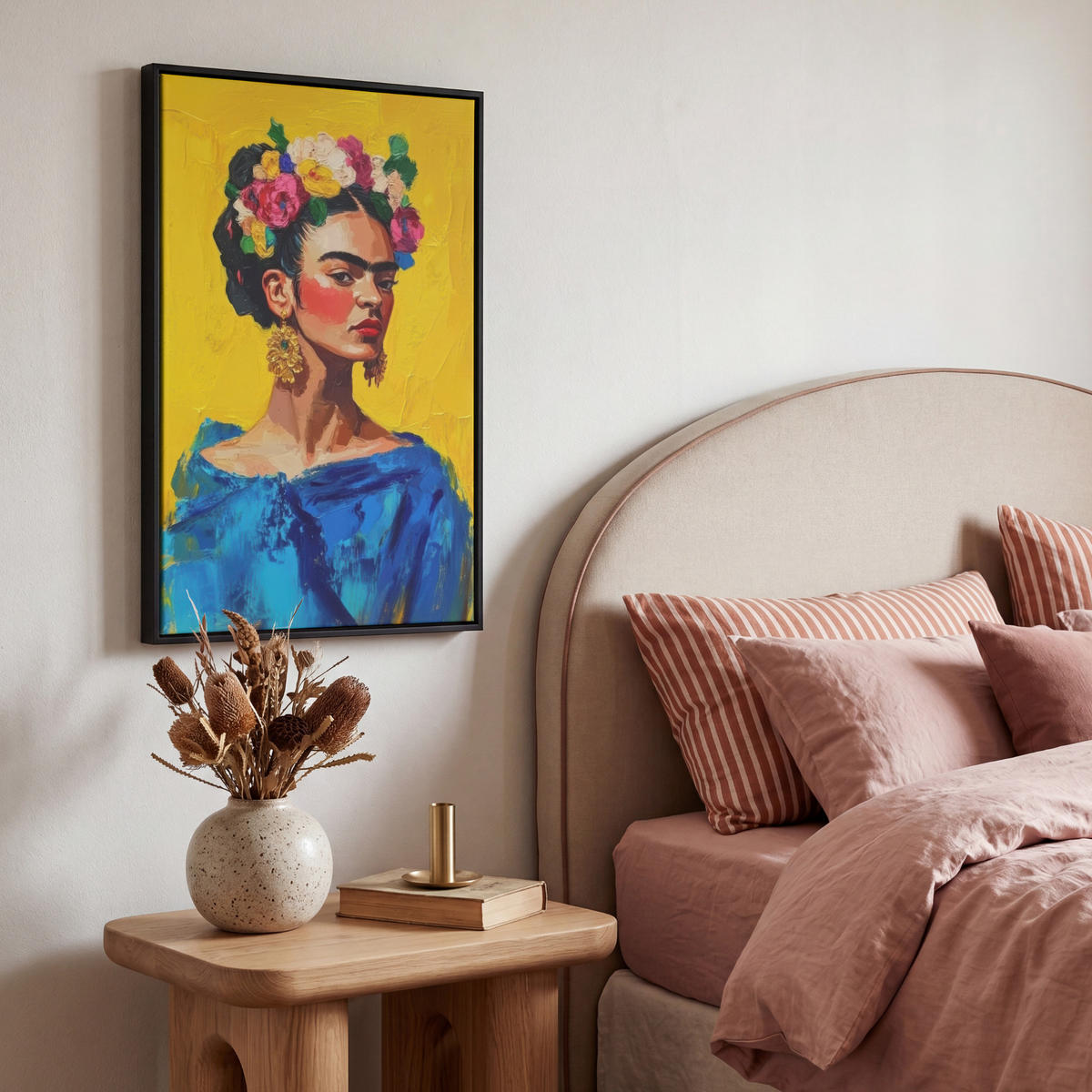 LEINWAND Bilder mit Rahmen - Frida Kahlo - Frau - Gelb - Blau - Blumen - 40x60 - Gelb, Textil (40/60cm) - MuchoWow