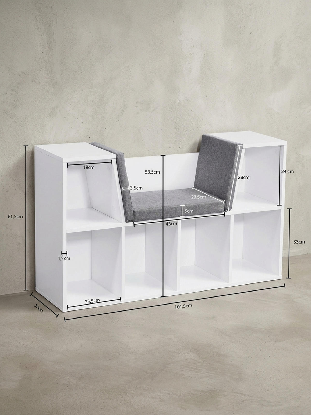 SCHUHBANK – Weiß matt, 101,5x61,5x30 cm, Sitzfläche Grau, 6 Fächer - Weiß/Grau, Holz/Textil (102/62/30cm) - KADIMA DESIGN