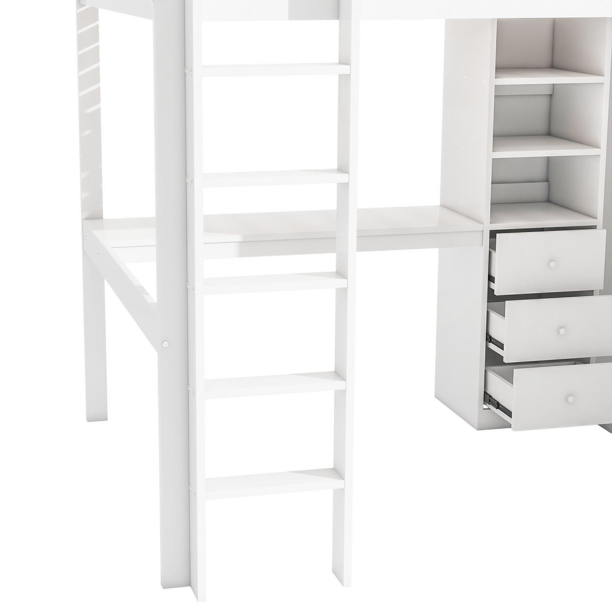 HOCHBETT aus Kiefernholz und MDF 140x200 cm Weiß mit Schreibtisch, Kleiderschrank und 3 Schubladen - Weiß, Holzwerkstoff (140/200cm) - IVMEU