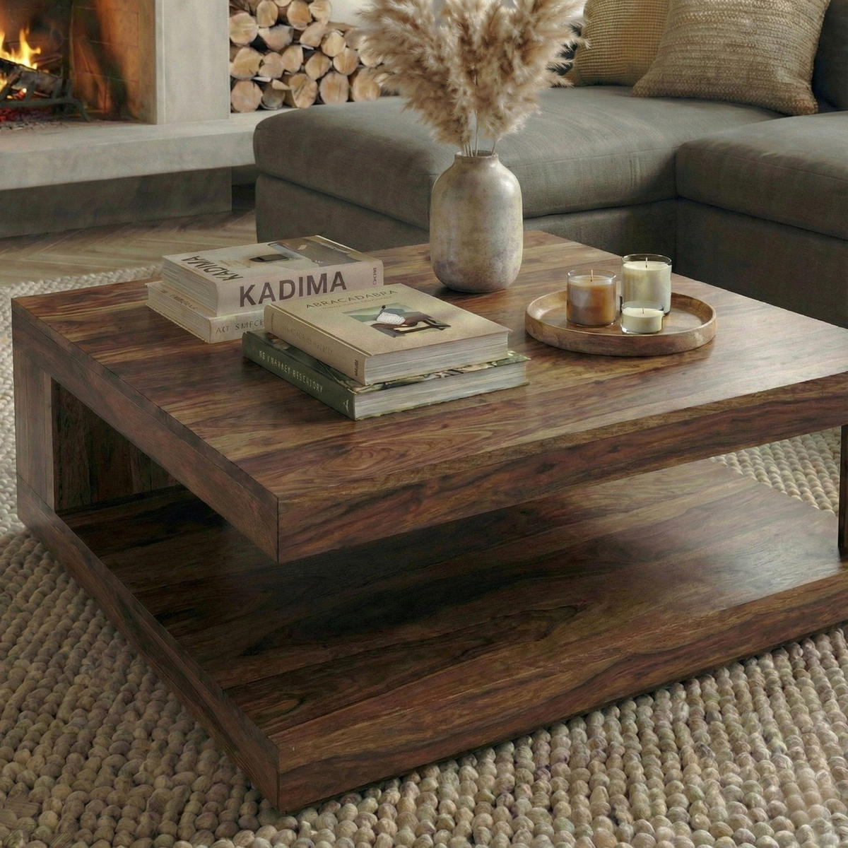 COUCHTISCH Sheesham Massivholz, Quadratisch, Maße 90x90 cm, Einzigartiges Unikat - Braun, Holz (90/90/40cm) - KADIMA DESIGN