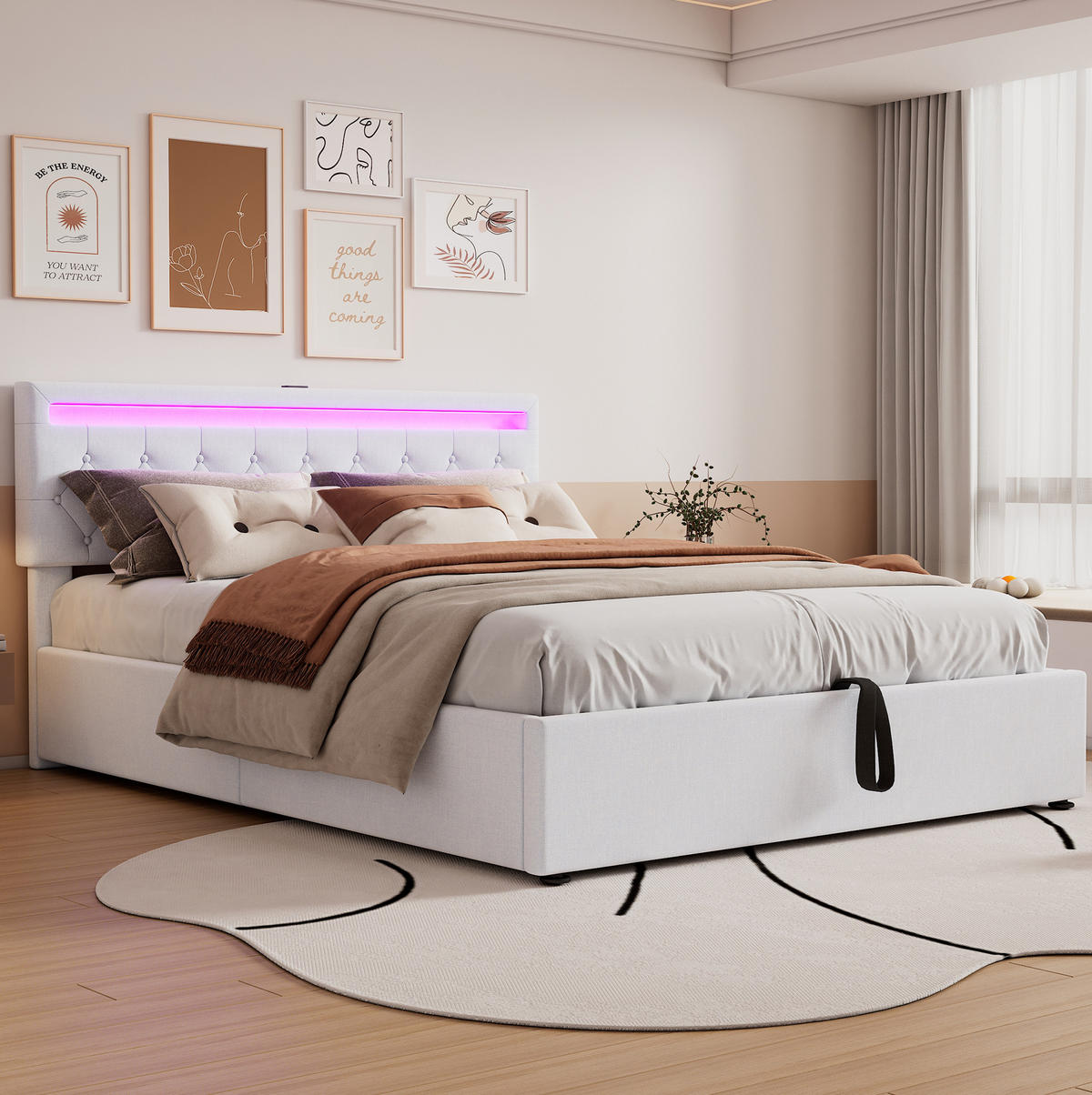 POLSTERBETT 160/200 cm mit Bettkasten, LED-Beleuchtung und USB-C in Weiß - Weiß, Textil (160/200cm) - BEAOK