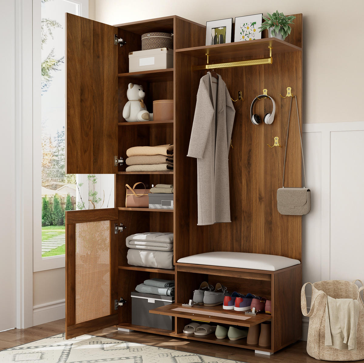 GARDEROBENSET 110/38/190 cm aus MDF und Spanplatte mit Spiegel und LED-Beleuchtung Walnuss/Weiß - Walnussfarben, Holzwerkstoff (38/190/110cm) - Modenvie