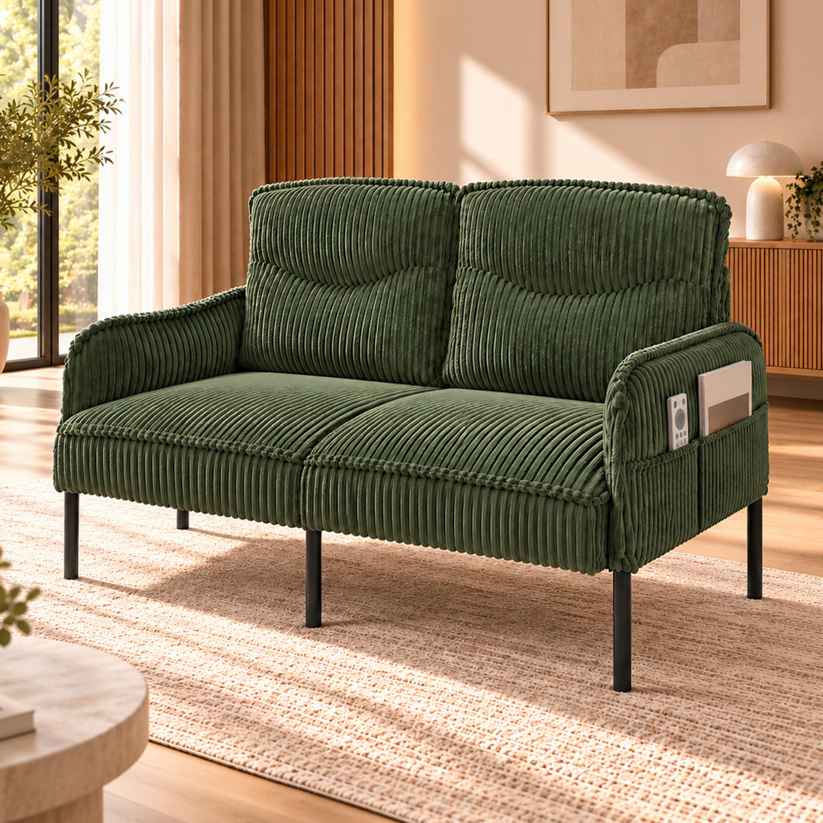 2-SITZER Sofa 122/73/83 cm Cordstoff mit Seitentaschen und Metallbeinen Grün - Grün, Textil (73/83/122cm) - Redom