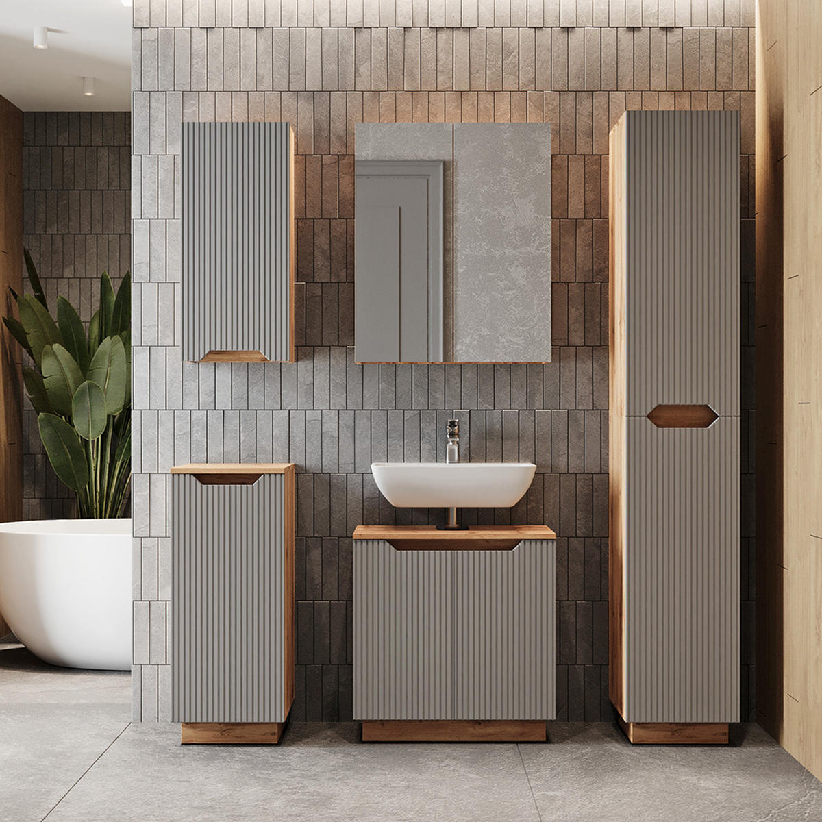 BADMÖBEL-SET Lotta Eiche/grau gestreift 3 Teile - Grau, Holzwerkstoff (59.8/62.1/32cm) - Vicco