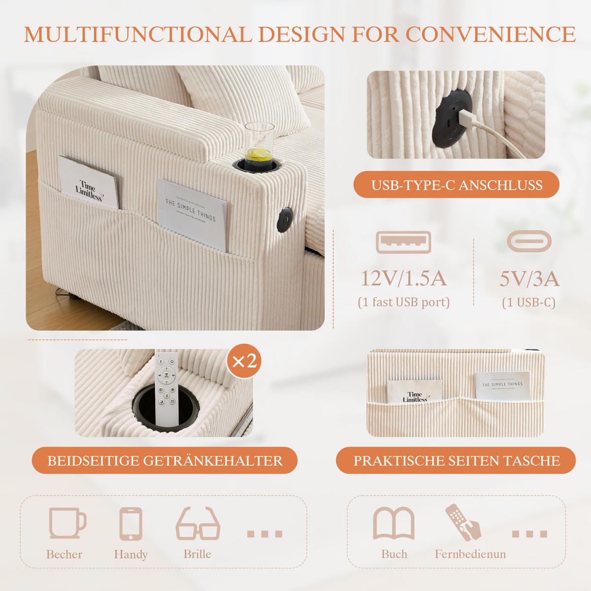 ECKSOFA 4-Sitzer Cord mit Stauraum und USB-Anschluss Schlaffunktion 272/136/86 cm Beige - Beige, Textil (136/86/272cm) - Redom