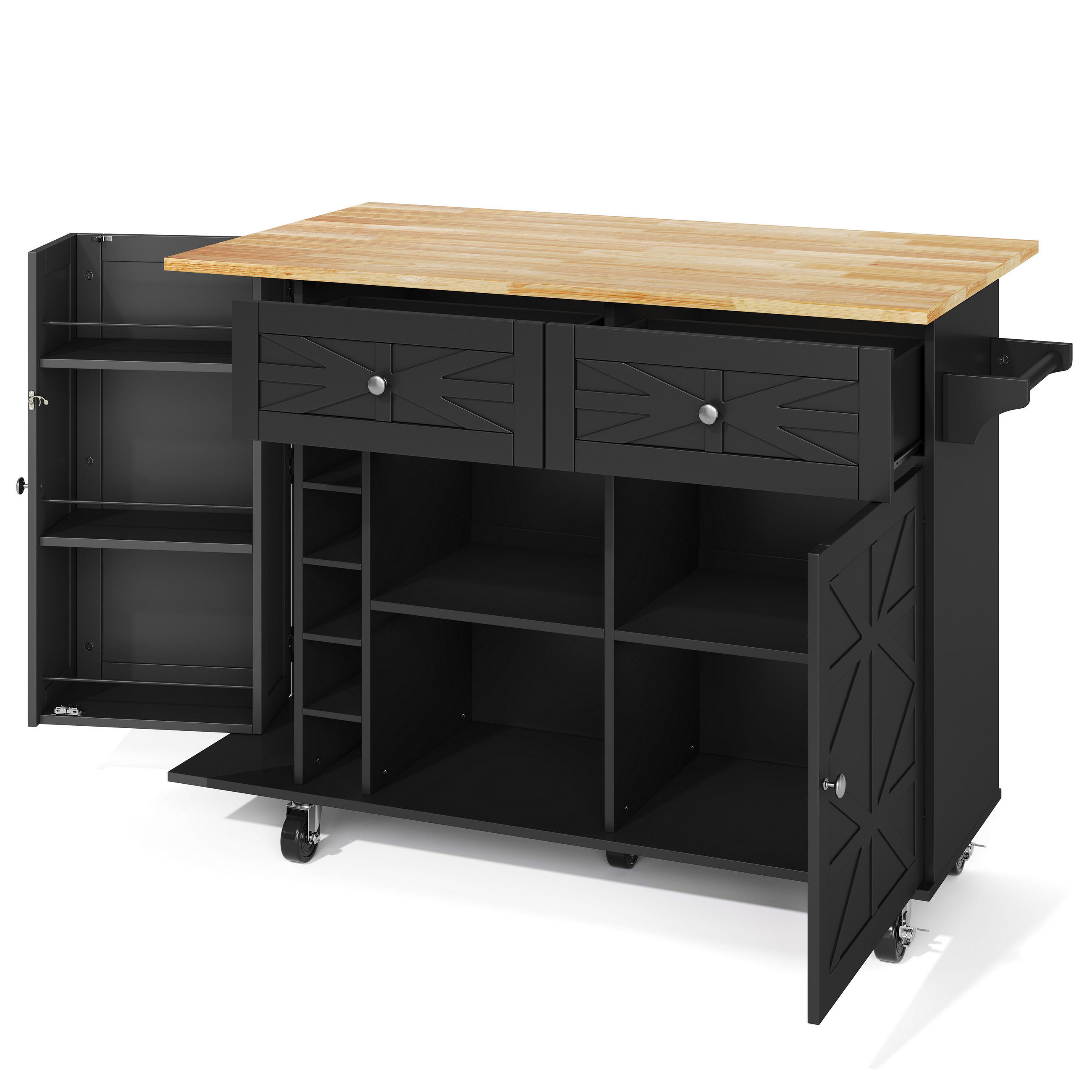 KÜCHENINSEL 120x70x89 cm Schwarz mit klappbarer Arbeitsplatte, Servierwagen, Glashalter und Türregal - Schwarz, Holz/Holzwerkstoff (120/89/70cm) - Oxeza