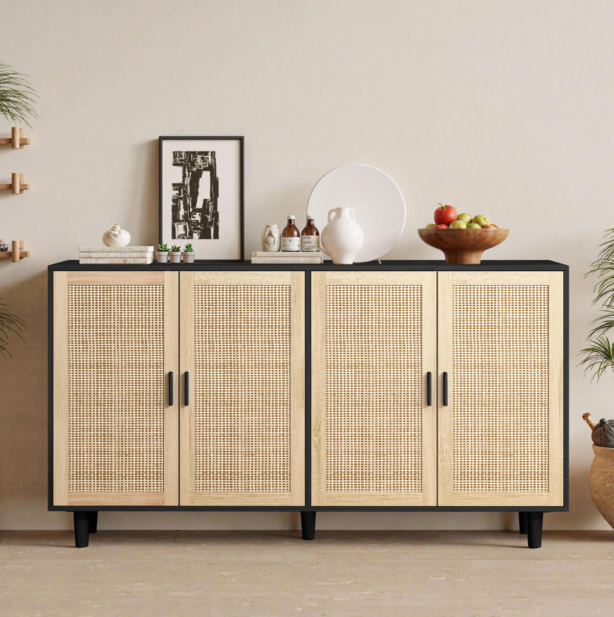 SIDEBOARD 158/40/88 cm in Schwarz mit 4 Rattantüren und verstellbarem Einlegeboden - Schwarz, Holzwerkstoff (158/88/40cm) - Flora Grace