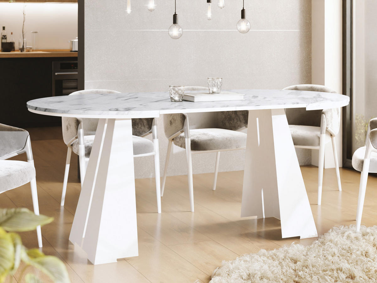 ESSTISCH Kova runder ausziehbarer, Marmor Weiß 100-180/100/76 cm - Ecru/Weiß, Holzwerkstoff/Metall (100/100/76cm) - WFL GROUP
