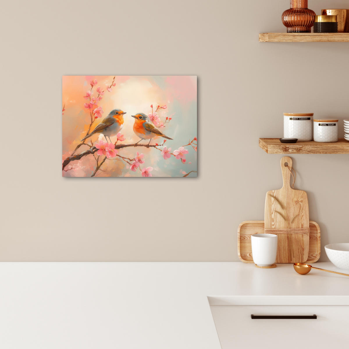 LEINWANDBILD Rotkehlchen - Zierpflanze - Blütenzweig 40x30 cm - Hellrosa, Textil (40/30cm) - MuchoWow