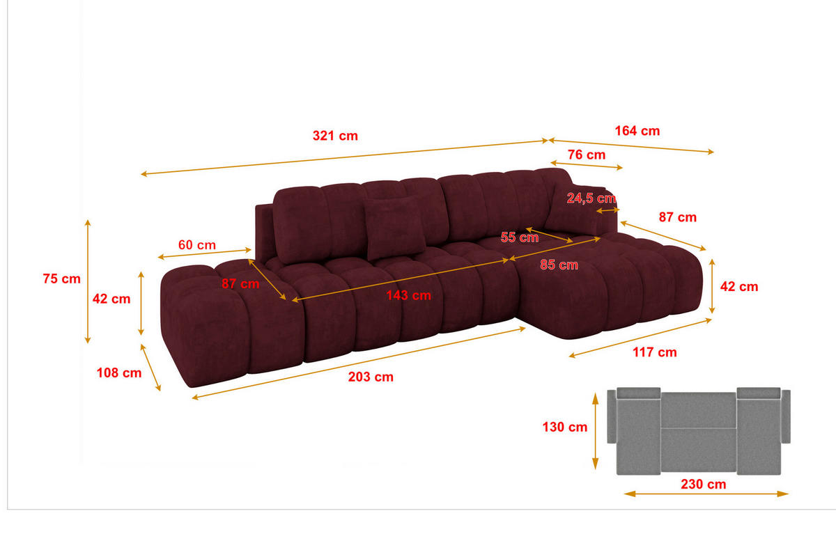 ECKSOFA mit Schlaffunktion Ottomane RECHTS OLEA-L2 321x164x75 Bordeauxrot Velours - Bordeaux/Schwarz, Holzwerkstoff/Kunststoff (164/321cm) - ALTDECOR