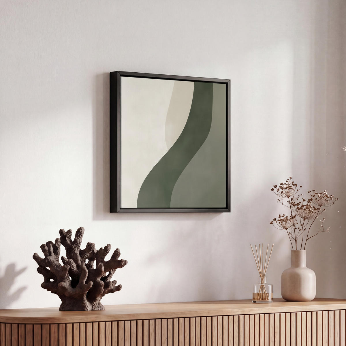 LEINWAND Bilder mit Rahmen - Japandi - Grün - Abstrakt - Modern - 20x20 - Salbeigrün, Textil (20/20cm) - MuchoWow