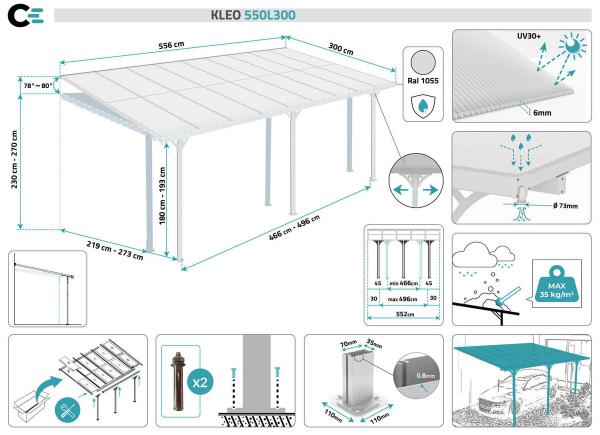 PERGOLA / CARPORT Kleo Weiß 5,5m x 3m - Weiß, Metall (556/270/300cm) - Cazeboo