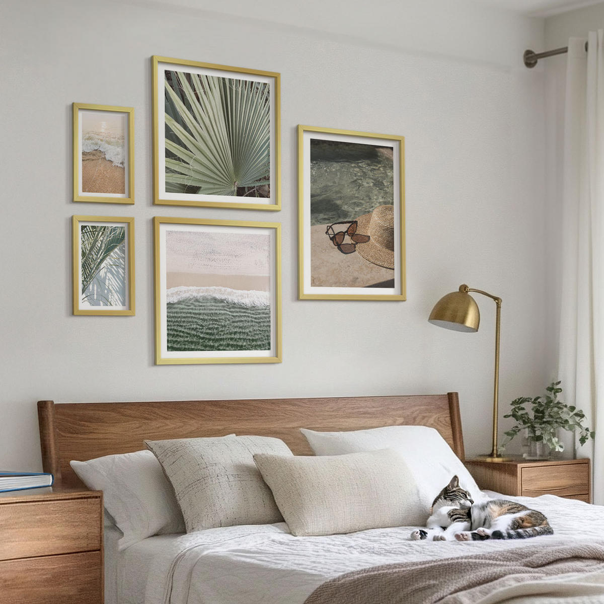 WANDBILDER 5er Set - 50x50 cm & 20x30 cm & 40x60 cm Goldrahmen - Strandhut und Sonnenbrille - Goldfarben, Kunststoff (40/60cm) - ArtPrintCave
