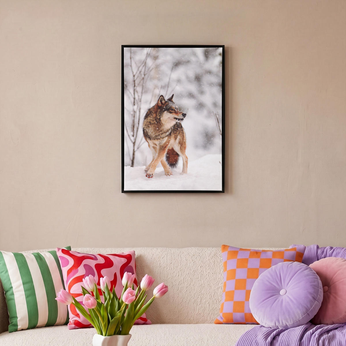 LEINWAND Bilder mit Rahmen - Wolf - Winter - Schnee - Natur - Tiere - 40x60 - Haselnussfarben, Textil (40/60cm) - MuchoWow