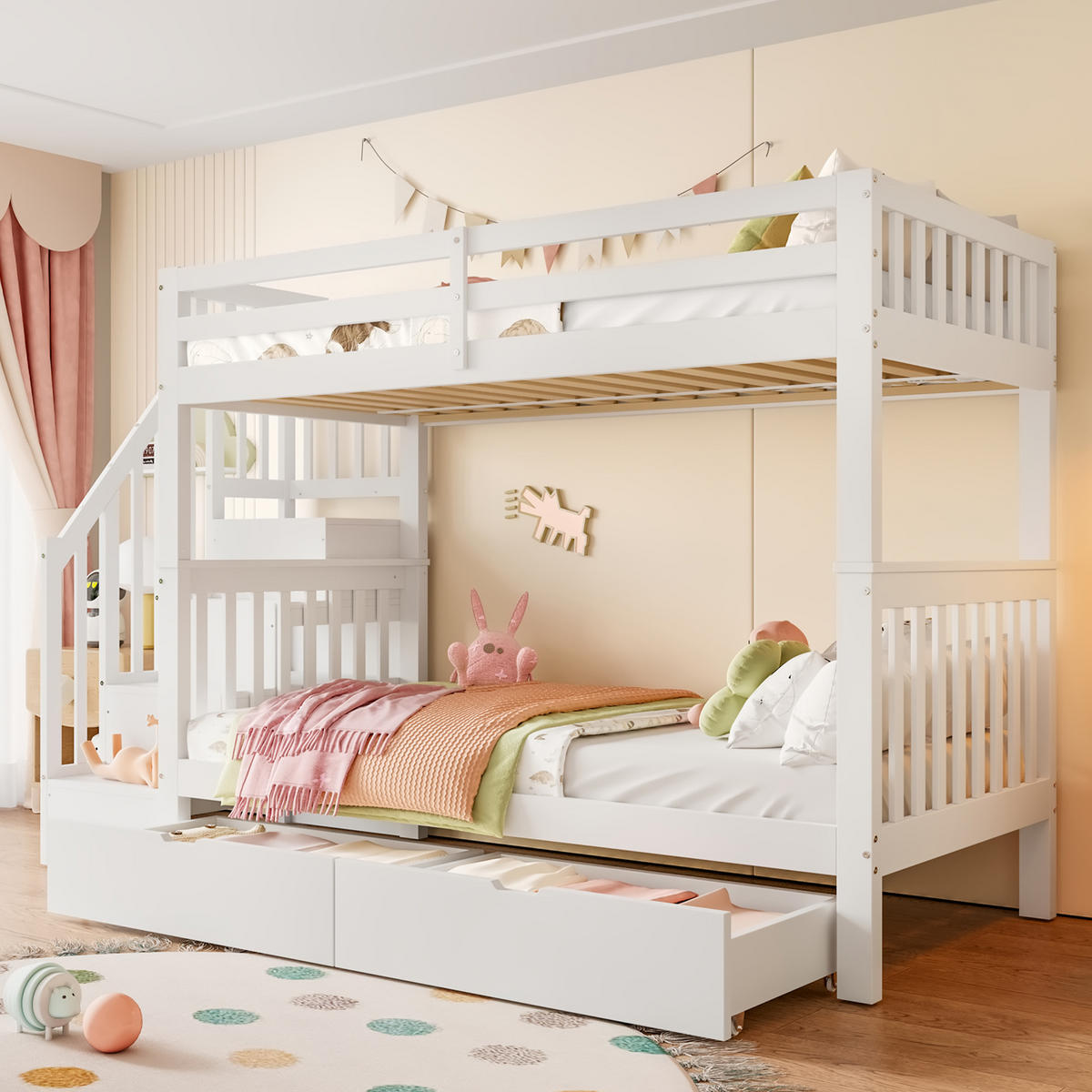 ETAGENBETT 90x200cm Weiß mit 2 Schubladen EN747-1 Treppenregal - Weiß, Holz (90/200cm) - FLIEKS