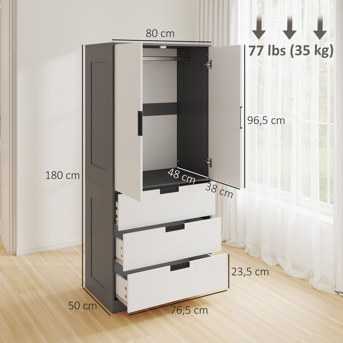 KLEIDERSCHRANK DE-17198 3 Schubladen & Soft-Close-Türen Grau - Grau, Holzwerkstoff (50/180/80cm) - ComfortXL