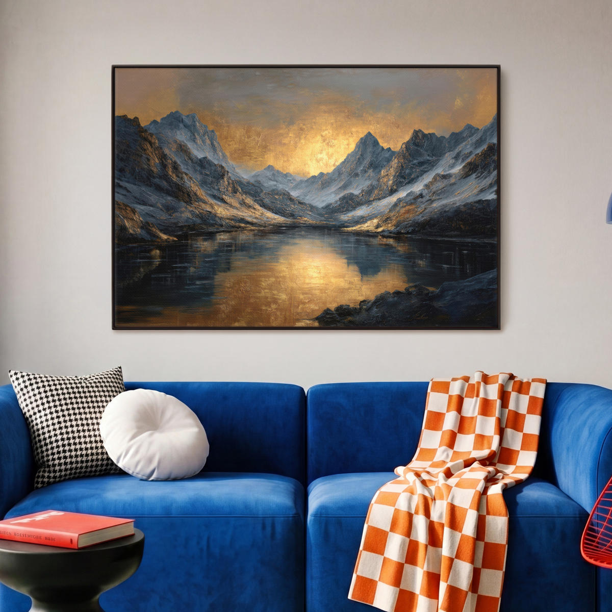 LEINWAND Bilder mit Rahmen - Bergkulisse mit goldenem Sonnenuntergang - 90x60 - Goldfarben, Textil (90/60cm) - MuchoWow