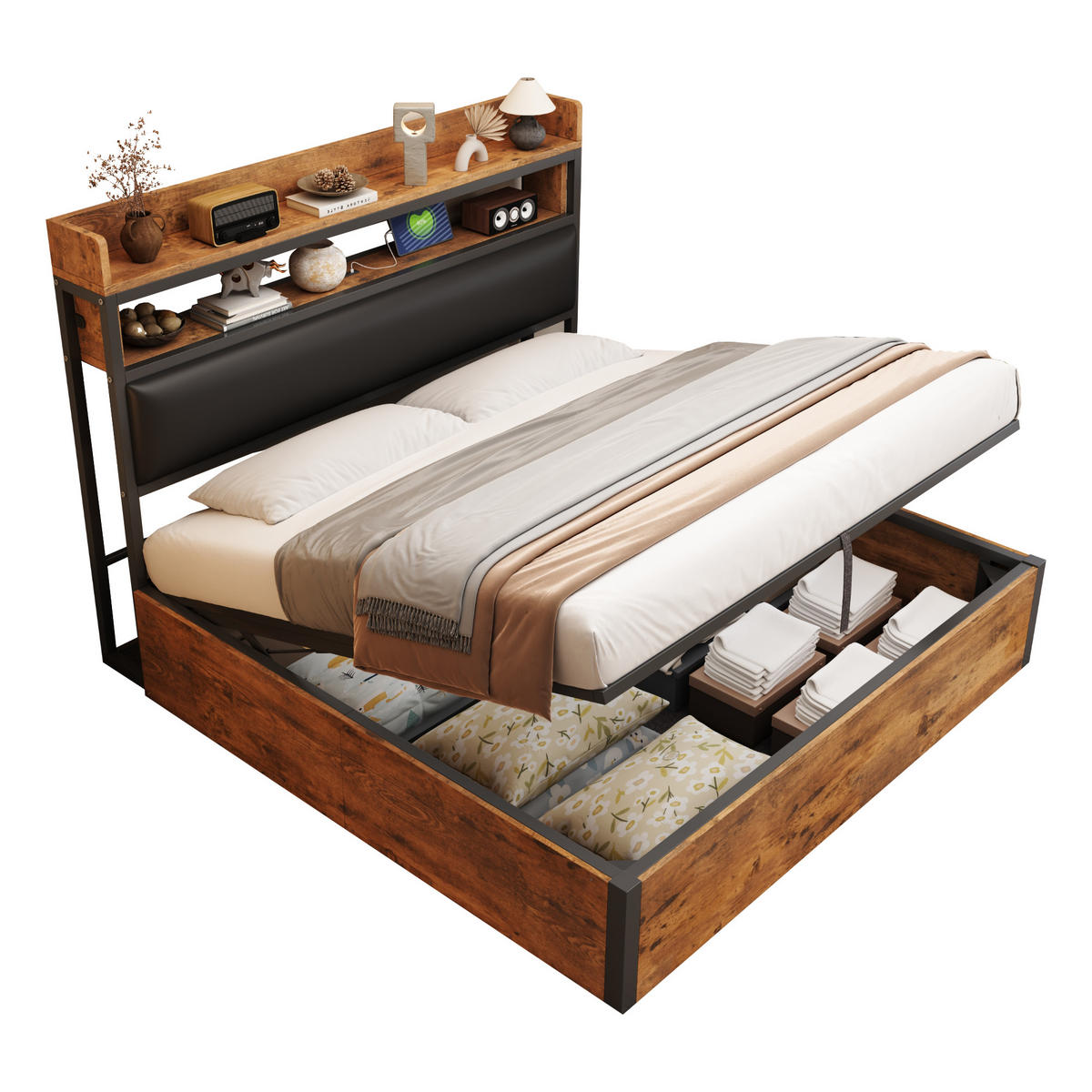 POLSTERBETT 180/200 cm schwarz aus Metall und Holz mit Hydraulik-Stauraum und USB - Schwarz, Metall (180/200cm) - OKWISH