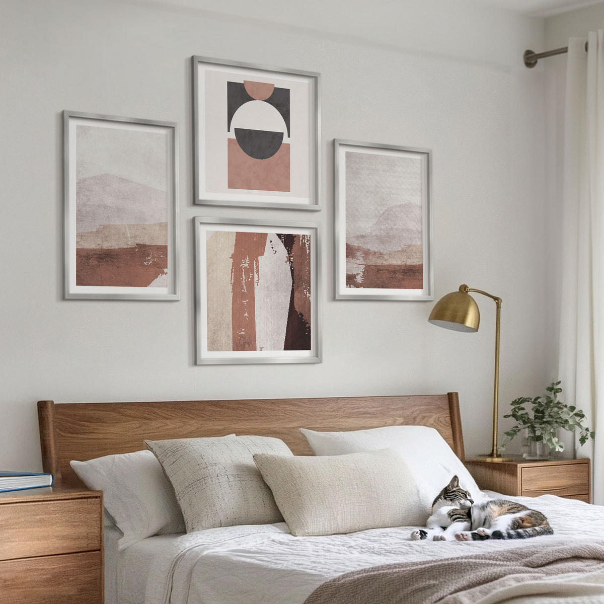 WANDBILDER 4er Set - 50x50 cm & 40x60 cm Silberner Rahmen - Abstrakte braune Muster - Silberfarben, Kunststoff (50/50cm) - ArtPrintCave