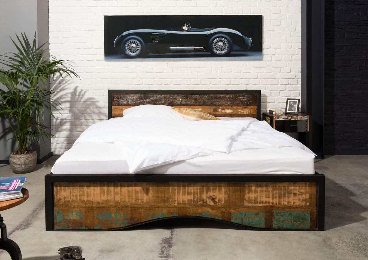 BETT mit Schublade Massivholz Altholz 180 x 200 x 90 mehrfarbig INDUSTRIAL #109 - Multicolor, Holz (180/200cm) - Massivmoebel24