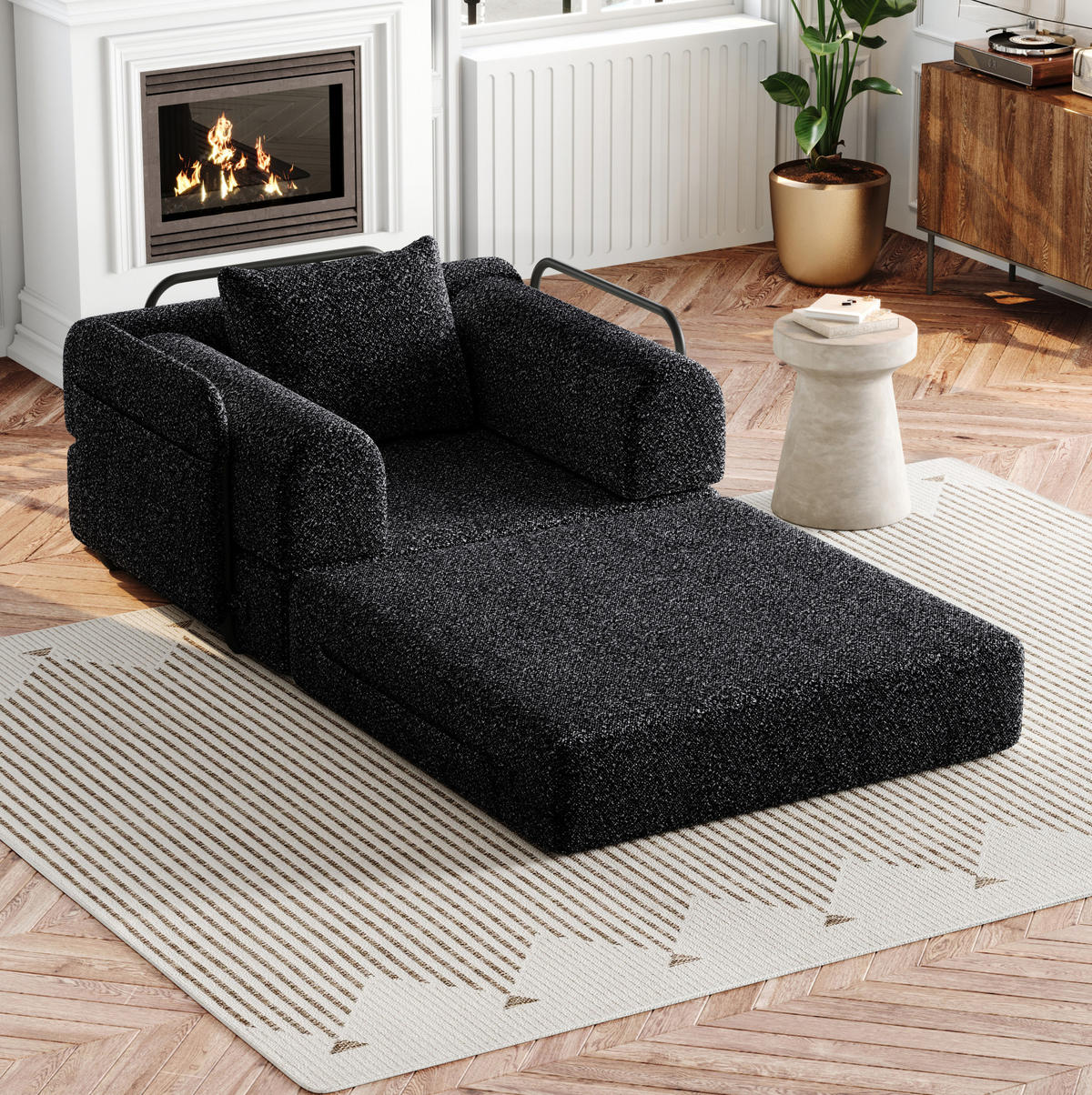 ROZKLÁDACÍ pohovka 2 v 1 černá z chenille s úložným prostorem v opěrce a ocelovým rámem - černá, textil (181.6/49.5/94cm) - OKWISH