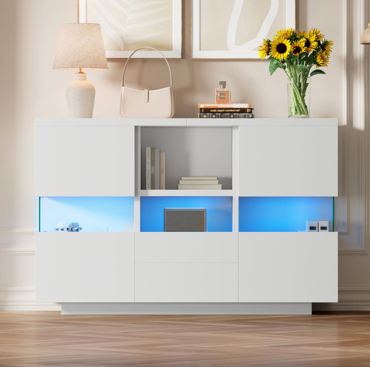 SIDEBOARD 140/35/75 cm mit LED-Beleuchtung, Glasvitrine und Schubladen, Holzwerkstoff, Weiß - Weiß, Holzwerkstoff (140/75/35cm) - Redom