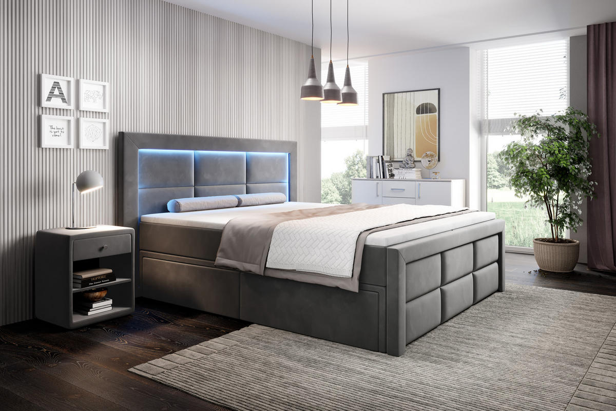 BOXSPRINGBETT Aspen mit Schubladen und Topper, LED-Beleuchtung, Samt, 180x200 cm, Grau - Grau, Holz - PROMETO Möbel