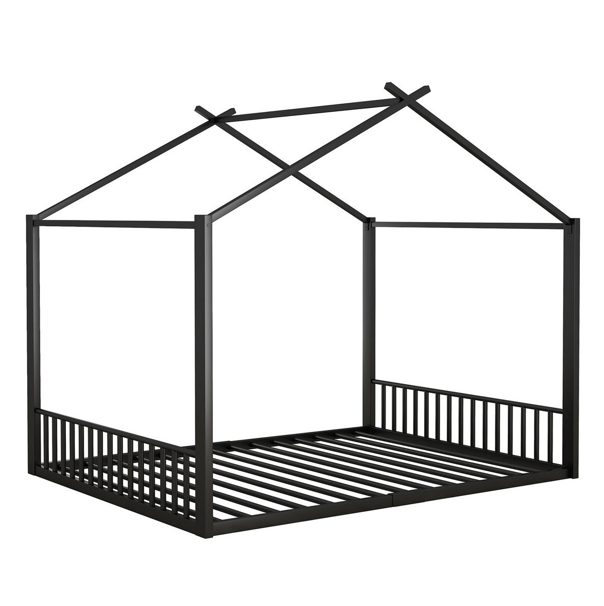 HAUSBETT aus Metall 140x200 cm Schwarz in Hausform mit stabilem Rahmen - Schwarz, Metall (140/200cm) - Modfu