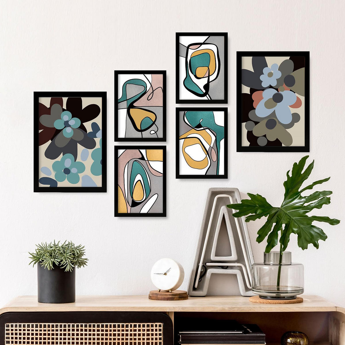 POSTER Set Mit 6 Hodgepodge Blume In Blume Zusammenfassung Ästhetische Dekorative Gemälde Für Ihr Wohnzimmer Zuhause A3 & A4 Schwarzer Rahmen - Schwarz, Papier (29/3cm) - Nacnic
