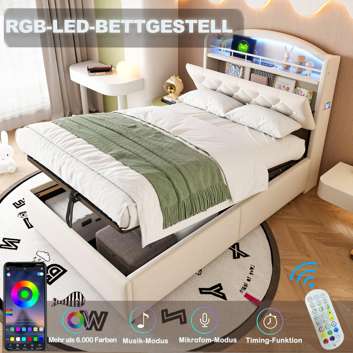 KINDERBETT 90x200 cm Samt LED USB beige - Beige, Textil (90/200cm) - LEBENLANG