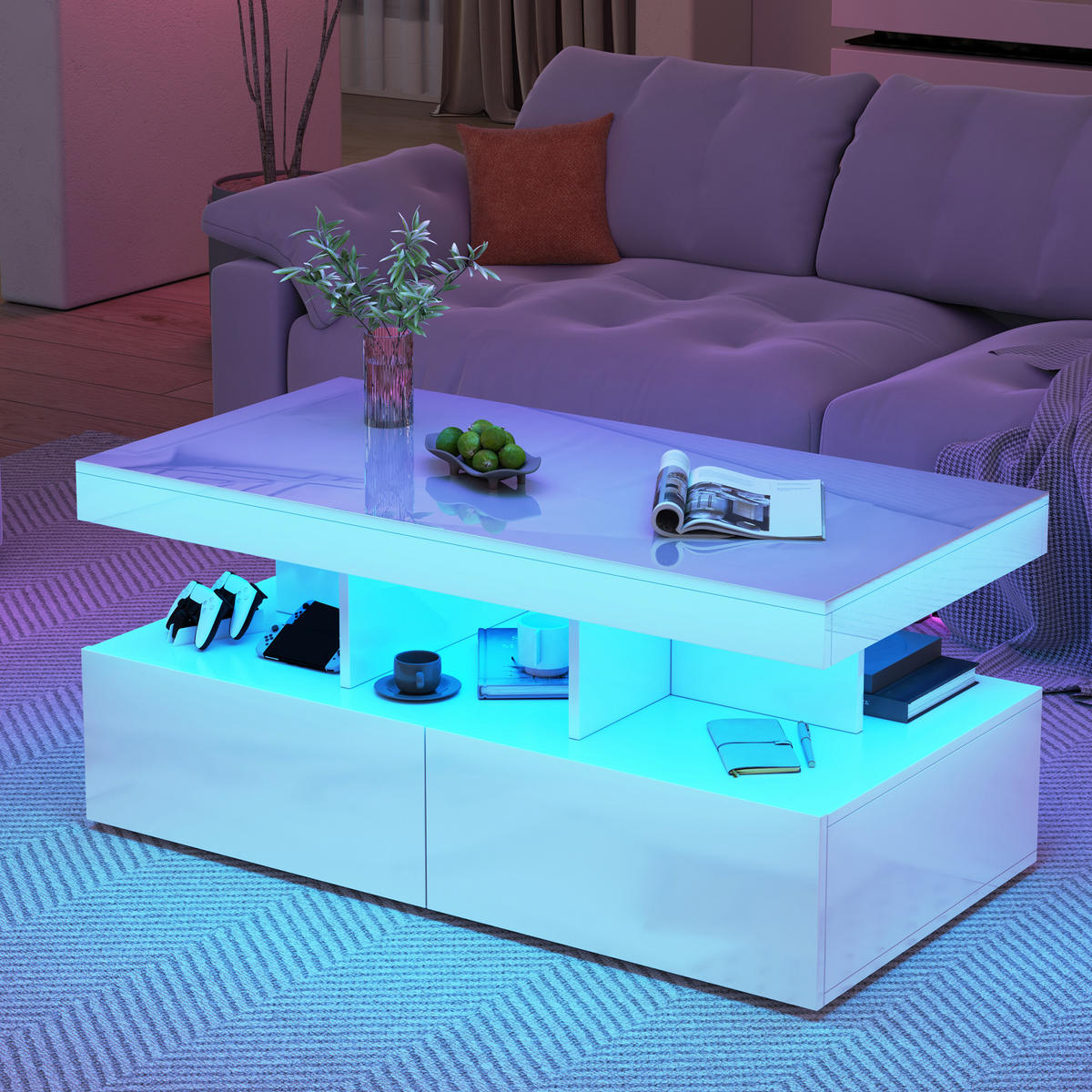 COUCHTISCH mit LED Stauraum Schublade 104x53x46 cm - Weiß, Holzwerkstoff (104/53/46cm) - SHOPENTRA