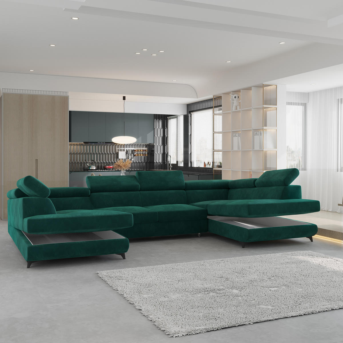 WOHNLANDSCHAFT VINTESSA Grün Velours-Stoff mit Schlaffunktion - Grün, Holz (323/89/190cm) - MASSENO