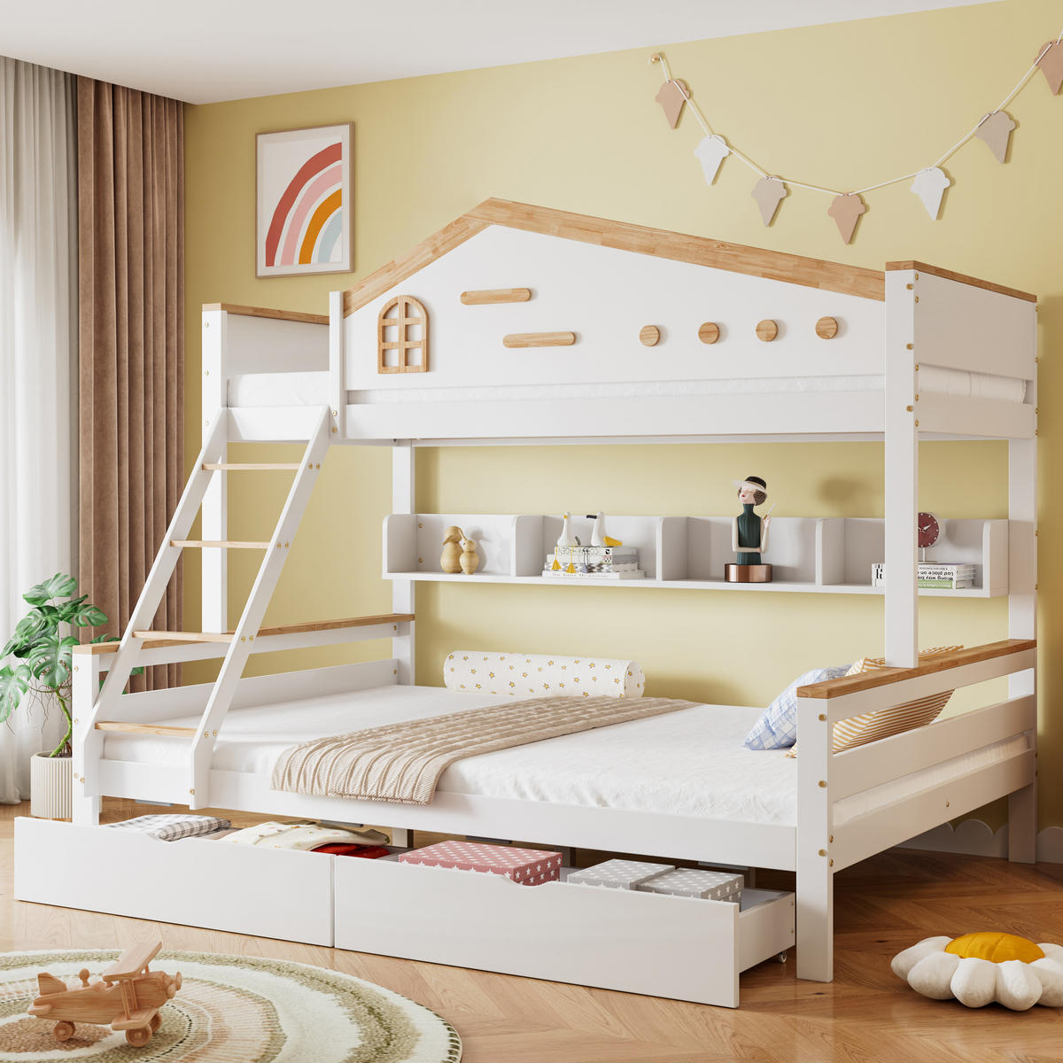 HAUSBETT 90/200 cm & 140/200 cm mit Regal und 2 Schubladen - Weiß, Holzwerkstoff (90/200cm) - Flora Grace