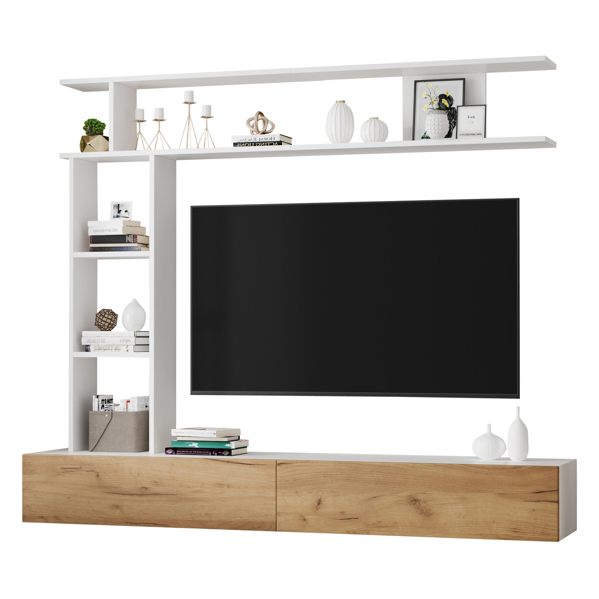 Modfu TV stěna z dřevotřísky 180x35x22,5 cm bílá a dubová, závěsná i stojací s otevřenými policemi a 2 výklopnými dvířky