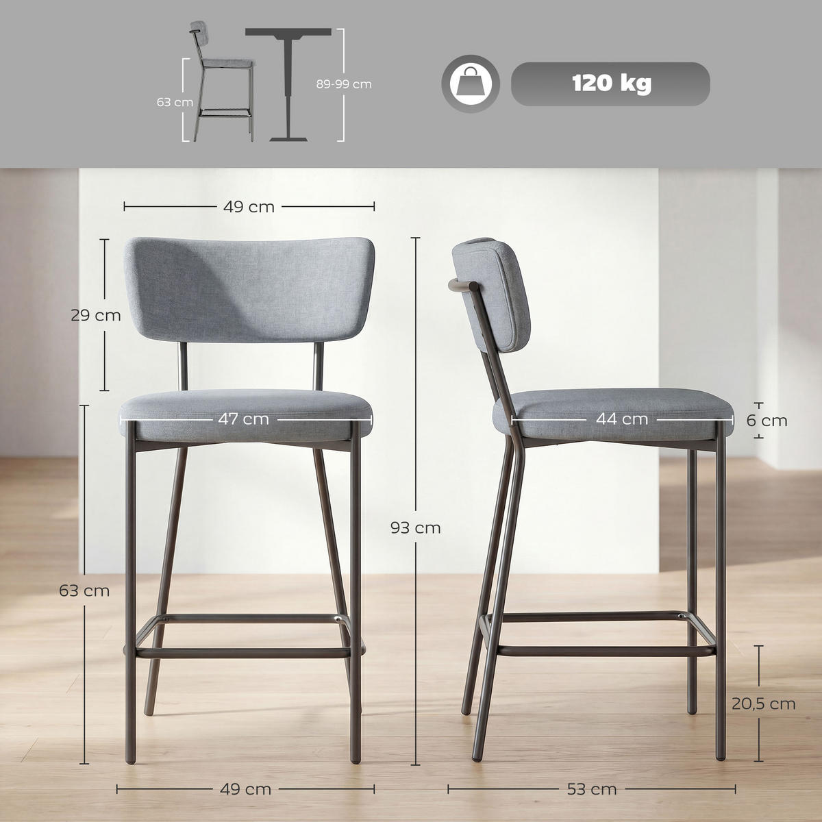 BARHOCKER 2er-Set DE-14821 gepolstert mit gebogener Rückenlehne Grau - Hellgrau, Metall (49/93/53cm) - ComfortXL