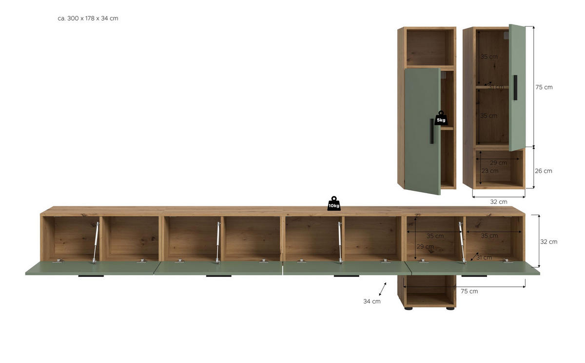 WOHNWAND Primo 6 tlg. (B/H/T: ca. 300/178/34 cm) in Artisan Oak /Smoke Green - Eiche Artisan, Holzwerkstoff (300/178/34cm)