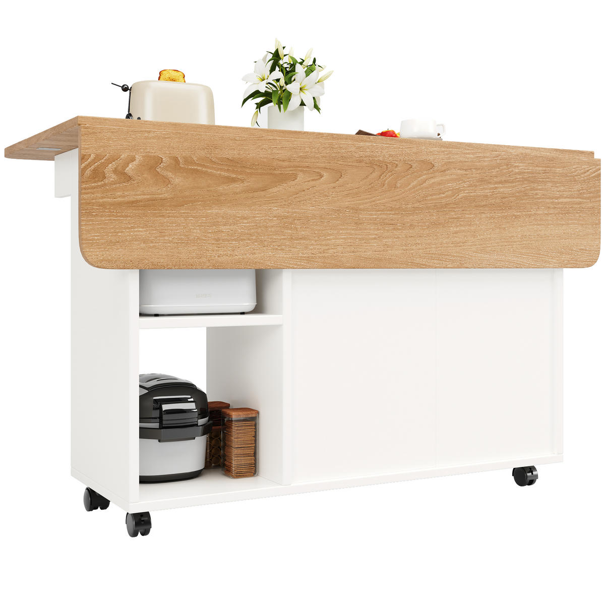 KÜCHENINSEL 120x70x79.5cm Weiß mit Klappplatte, Ablageflächen, Schränken & 5 Rollen - Weiß, Holzwerkstoff (120/79.5/70cm) - Modfu