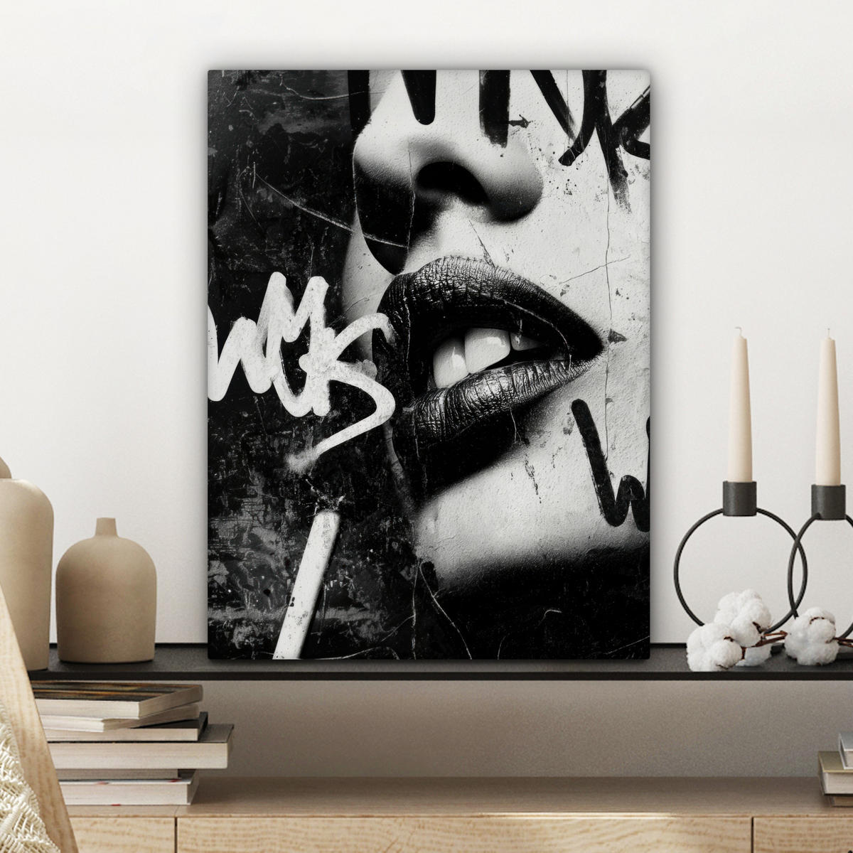 LEINWANDBILD Gesicht - Mund - Graffiti - Schwarz Room Decor 30x40 cm - Schwarz, Textil (30/40cm) - MuchoWow